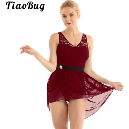TiaoBug Adult Lyrical Dance Costumes Sleeveless Lace Asymmetrical Chiffon Ballet Gymnastics Leotards for Women Dancing Dress