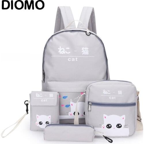 DIOMO 4pcs/Set Laptop School Backpacks for Girls Boys Teenagers Female Bagpack Sac A Dos Femme Cute Cat Canvas Satchel Kids