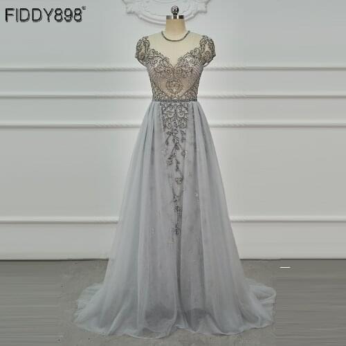 Luxury Beaded Tulle Evening Dresses Sexy Illusion Bodice Long Party Dress Cap Sleeves Prom Night Wear Women Formal Dress New