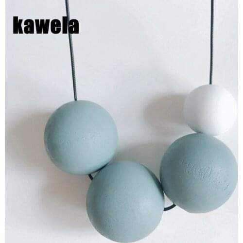 Blue White Wood Ball Adjusted Length Pendant Elegant Choker Necklace Statement