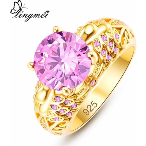 Lingmei Exquisite GoldPlated Wedding Rings for Women Dazzling Chic Fashion Zircon Jewelry Silver Color Ring Size 6-9 Christmas