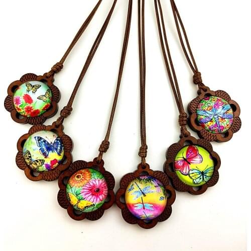 Jaingzimei 24pcs Spring and Summer style Butterfly,Dragonfly ,Flowers glass Cabochon with Wood zinc alloy Base women Necklace
