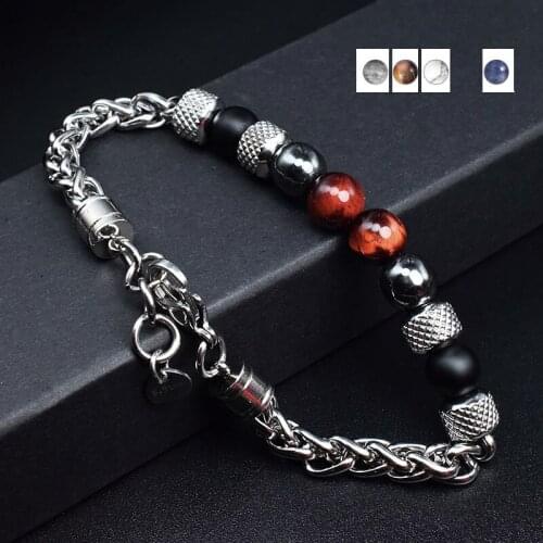Luoluoyi Natural Stone Beaded Bracelet For Women Men Stainless Steel Tiger Eye Bracelets Male Jewelry Size Adjustable