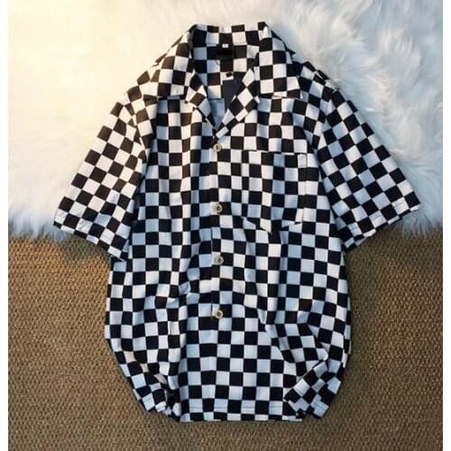 Men Summer Blouse Chess Shirt Grid White Black