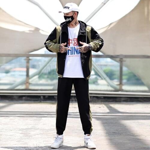 Mens Color Matching Sports Suit Spring/AutumnTooling Jacket Suit Hooded Youth Loose Tracksuit Men Sweatpants 2-piece Set