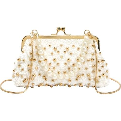 New portable shoulder bag lady lace rivet chain shoulder Pearl dinner bag