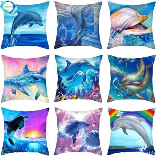 Dolphin Pattern Polyester Cushion Cover Colorful Sea World Decorative Pillow Cover Home Sofa Car Decor Throw Pillowcase 45x45cm