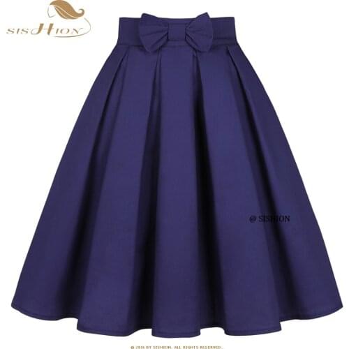 SISHION Women Solid Color Bow Cotton Navy Blue Skirt SS0012 50s 60s Hepburn High Waist Vintage Retro egirl Skater Pleated Skirt