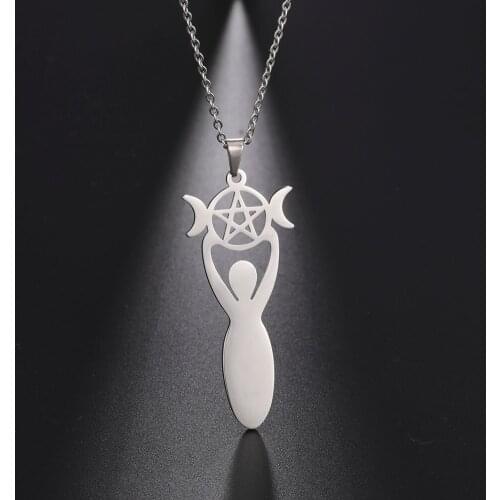 Skyrim Penctacle Moon Goddess Amulet Necklace Wicca Pendants Necklaces for Women Stainless Steel Jewelry Witch Amulet Bijoux