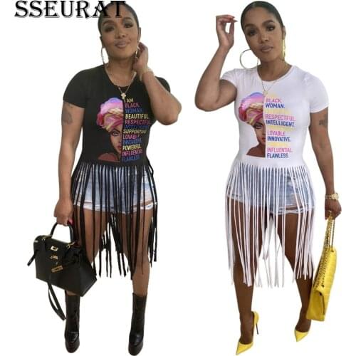 SSEURAT New Arrival Women Letters Print Short Sleeve Tassel Long T Shirt Summer Casual Fashion Tops Tees Streetwear