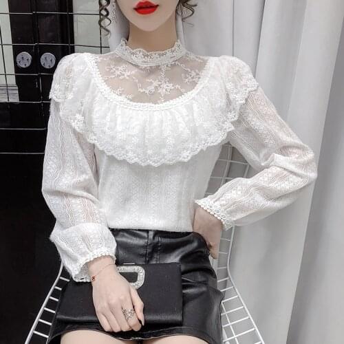 Lace Blouse Women Korean Elegant Style Shirt Female Spring 2021 New Mesh Splicing Ruffled Sweet Temperament Tops White Autumn
