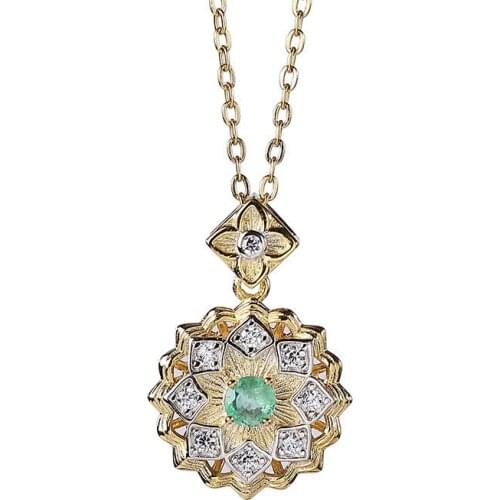 S925 sterling silver gold plated Inlay Natural Emerald Pendant Personality Lotus Light luxury Temperament Womens pendant