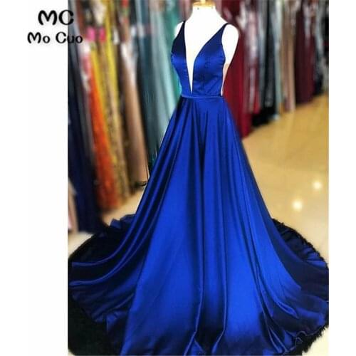 Royer Blue A-Line Evening Dresses Long Deep V-Neck Tank sleeveless Silk Satin Womens Evening Dress Prom Dress Custom Made