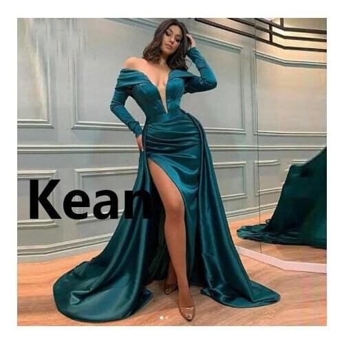 Emerald Green High Split Off Shoulder Vestidos De Festa Evening Dresses robe de soiree Evening Gowns Prom Dress Custom Made