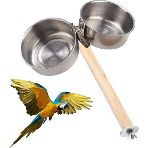 2Pcs Pet Parrot Cage Stand Perch Food Water Feeding Clip Double Bowl Bird Feeder