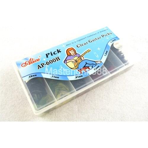 Lots of 600pcs Alice Clear Colorful Guitar Picks Electric/Acoustic Guitar Picks 6 Thickness Plastic Box Wholesale