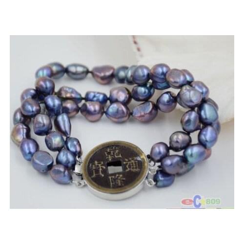 A P4784 3row 8" 10mm peacock black baroque freshwater cultured pearl bracelet