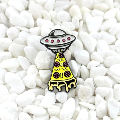Cartoon melted pizza and alien spaceship brooch Cute creative funny badge Denim leather backpack pin Gift for children