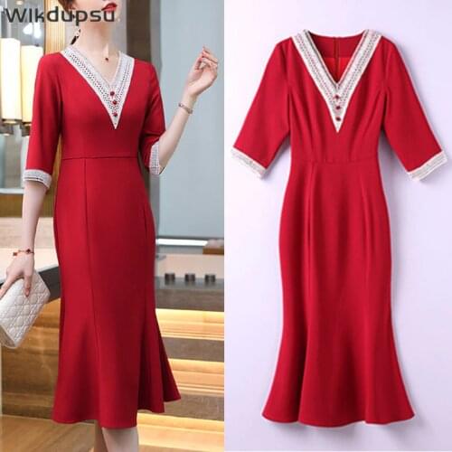 Elegant Lace V-neck Spring Summer Fall Black Red Long Party Office Dress Women High Quality Bohemian Lady Party Dress Plus Size