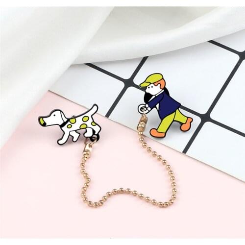 Cute Animal Pet Brooch Boy walk the dog Enamel Pins Lovely Cartoon Badge with Chain Jewelry Backpack Lapel Pin Gift for Children