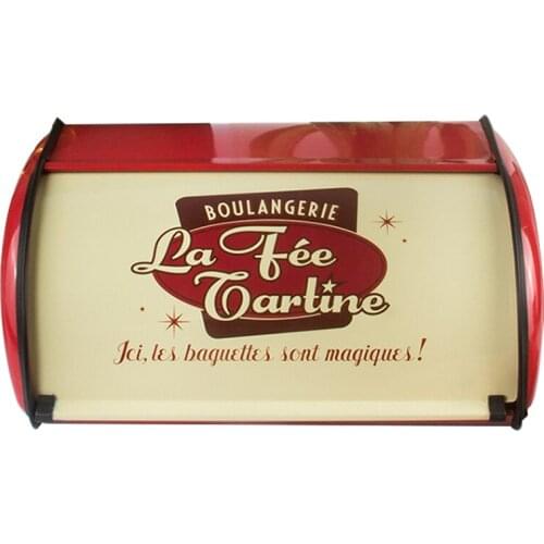 French Vintage Bread Box Storage Bin Rollup Top Red Blue Small Powder Coated Bread Iron Snack Organizer For Kitchen Organizer