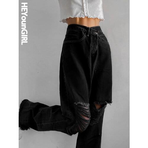 HEYounGIRL Baggy Black Boyfriend Jeans Pants Women Ripped High Waisted Denim Pants Capris Vintage Holes Distressed Trousers Y2K