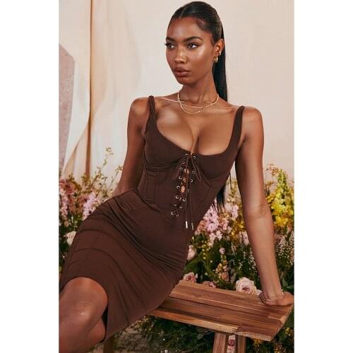 2021 Fall Brown Lace Up Sexy Sleeveless Women Bandage Party Dress Vintage Casual Bodycon Femme Gown Vestidos Club Robe DH7536