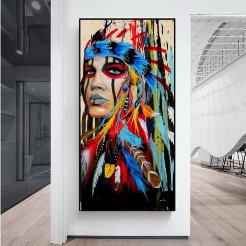Feathered Women Canvas Print Painting Colorful Graffiti Art Canvas Posters Native Wall Art Pictures for Living Room Home Decor