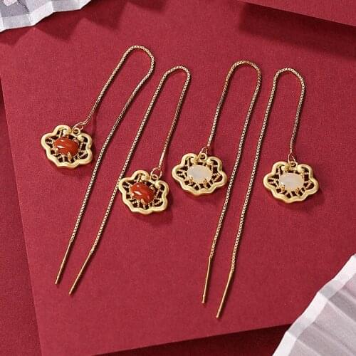 S925 sterling silver gold plated Hetian jade southern red agate hanging earrings Ruyi earring pendant for ladies earrings