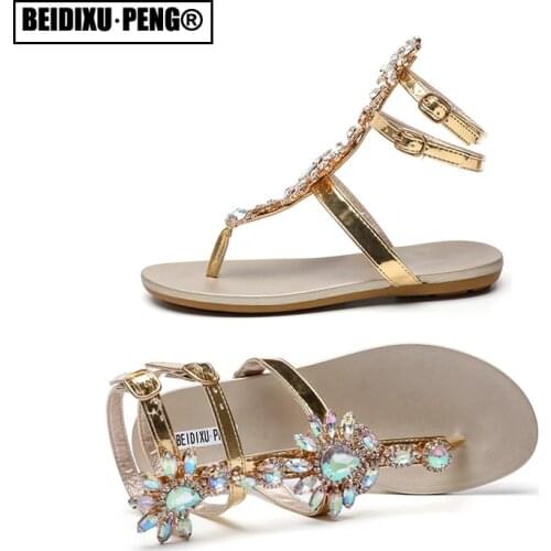 Clip-toe Sandals Comfortable Thong Gladiator Flip Flops 2021 New Sexy Boho T-strap Flat Heel Slippers Shoes Rhinestone Diamonds