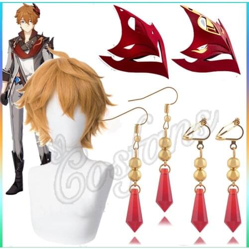 Genshin Impact Tartaglia Earrings Cosplay Genshin Childe Earring Jewelry Tartaglia Cosplay 30cm Short Halloween Brown Wig Hairs