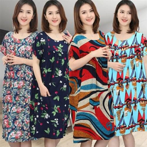 Loose skirt summer middle-aged and elderly mothers loaded floral cotton thin short-sleeved nightdress Sleepwear home service