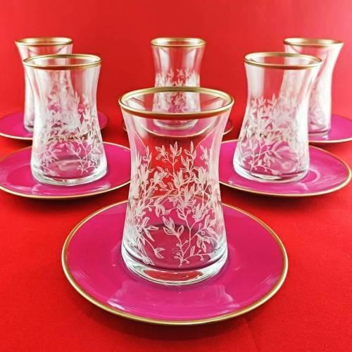 Turkish Tea Cup Pasabahce Ivy Patterned Gold Fuchsia Dish 12 Piece Tea Set Turkish Arabic Russian British Tea Sets Color set