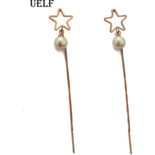 Uelf Pendientes Flecos Korean Elegant Women Long Earring Pearl Star Charm Pendent Snake Chain Tassel Earrings