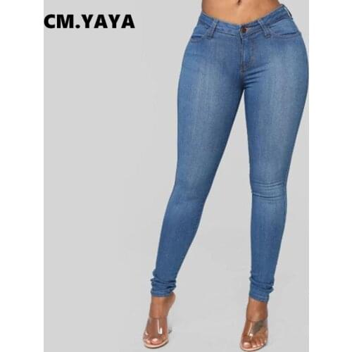 CM.YAYA Women Jeans Solid Low Waist Skinny Pencil Denim Trousers Super Strethcy Woman Jeans Fashion Streetwear Fall Pants 2021