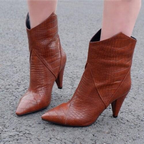 Crocodile Pattern Pu Runway Ankle Boots Women Pointed Toe Sewing Slip-On Spike High Heels Women Boots Cowboy Boots for Women