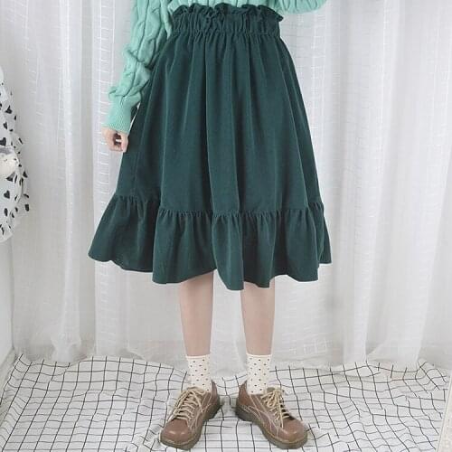 2018 Winter Womens Corduroy Solid Warm Knee Length Skirt Long Skirt Casual Womens Skirt Elastic Waist Mori Girl Style 4 Colors