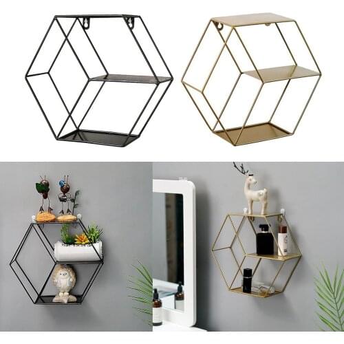 1pc Modern Hex Floating Iron Wall Shelves Grid Decor Kitchen Organization