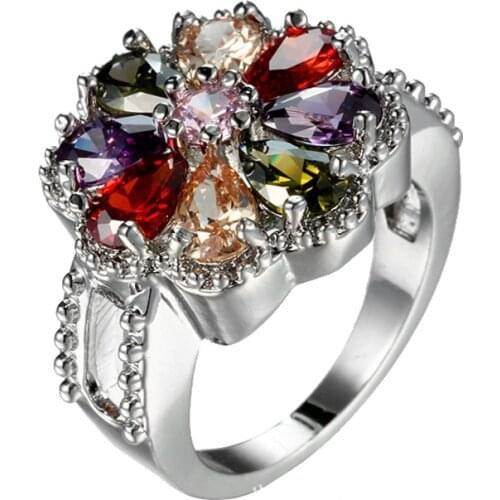 2021 Fashion 925 Sterling Silver Wedding Rings For Women Inlay Colourful Zircon Stones CZ Flower Rings Women Jewelry Wholesale