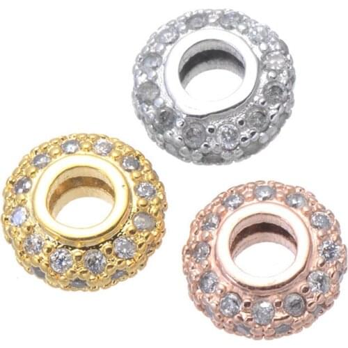 Micro Pave Zircon Stone Spacer Beads Flat Round Gold Rose Gold For Jewelry Making 5pcs CHF130