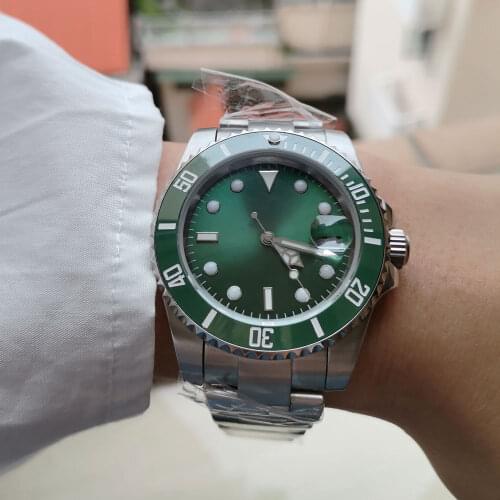 NH35 Light Green Mechancial Men Watch Oyster Bracelet SUNBURST Dial Ceramic Bezle Insert Date Mental Back Sapphire Glass