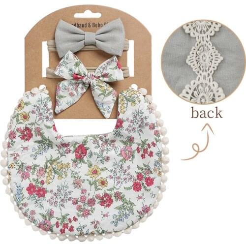 Newborn Cotton Floral Bibs Headbans Set Double Side Bibs Boys Girls Props Bandana Burps Baby Tassel Saliva Towel Hairbands