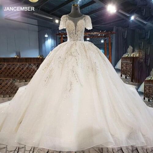 HTL1980 Elegant Extravagant Sequin Crystal Pearls Wedding Dress 2020 V-Neck Short Sleeve Lace Up Back