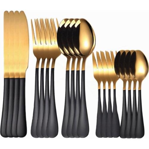Kitchen Tableware Western Cutlery Set 20 Piece Stainless Steel Dinnerware Set Black and Gold Dinner Set Mirror Spoon Fork Knife