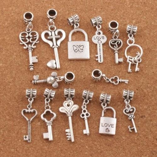 Love Key Locket Big Hole Beads 14pcs Zinc Alloy Charm Metal Dangle Fit European Bracelet Jewelry DIY BM47