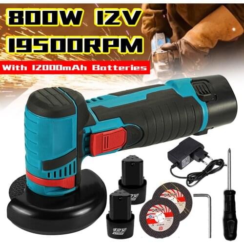 800W 12V Angle Grinder 19500RPM Brushless Cordless Angle Grinder Polishing Machine + 2 Batteries 12000mAh Diamond Cutting Wheel