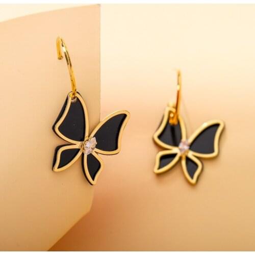 ALLNEWME Fashion Black Color Metal Butterfly Pendant Earrings for Women Ladies C Shape Round Hanging Earrings Cute Accessories