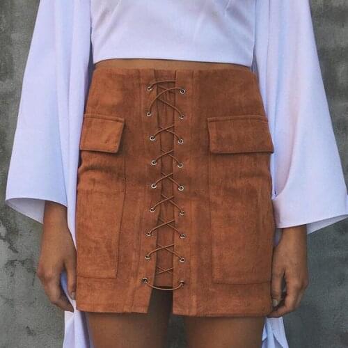 New Leather Skirt Autumn Lace up Leather Suede Pencil Skirt Vintage Pocket Preppy Short Skirt Winter High Waist Casual Skirts