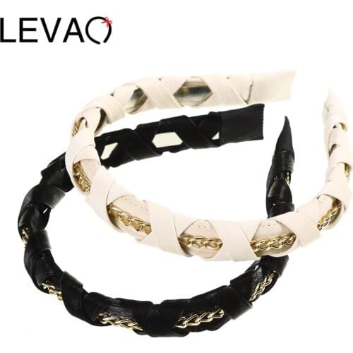 LEVAO New Chain Leather Headband Fashion High Quality Metal Hair Band Women Shining Gold Chain Headwear Casual Hair Accessories