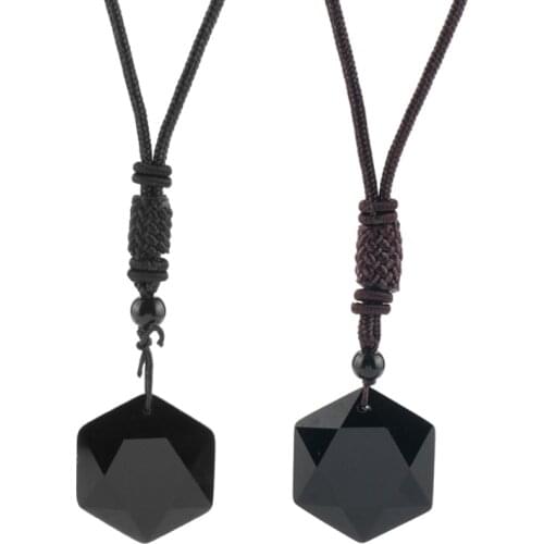 Black Obsidian Six Awn Star Pendant Necklace Lucky Amulet Love Natural Stone Rope Chain Necklace for Women Men Hexagram Jewelry
